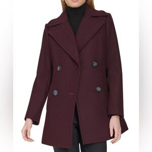 Cole Haan Double Breast Wool Blend Peacoat in Wine
